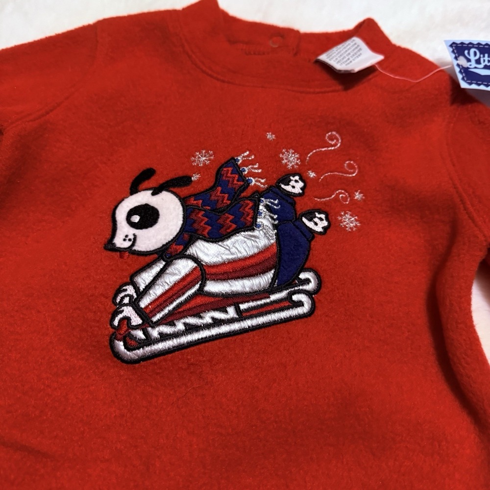 Little Legend Vintage Snap Romper Red Fleece Velour Appliqued Dog Sledge 3-6m - Picture 3 of 5